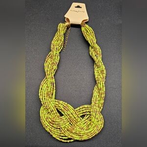 Lime Green & Gold Beaded Necklace Weaved Design New